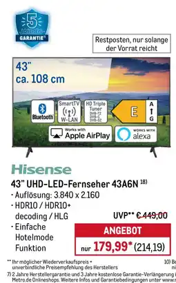 METRO Hisense 43" UHD-LED-Fernseher 43A6N Angebot