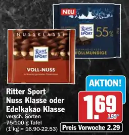 HIT Ritter Sport Nuss Klasse oder Edelkakao Klasse Angebot