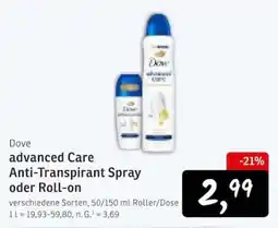 KONSUM Dove advanced Care Anti-Transpirant Spray oder Roll-on Angebot