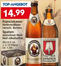 Hol'ab Getränkemarkt Franziskaner Hefeweissbier oder Spaten Münchner Hell/ Hell Alkoholfrei Angebot