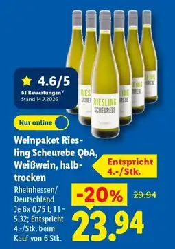Lidl Weinpaket Riesling Scheurebe QbA, Weißwein, halb-trocken Angebot