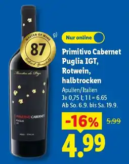Lidl Primitivo Cabernet Puglia IGT, Rotwein, halbtrocken Angebot