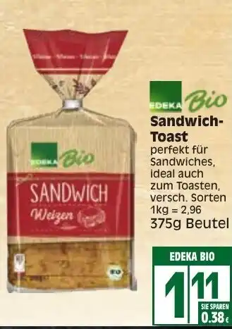 Edeka Edeka Bio Sandwich Toast 375g Beutel Angebot