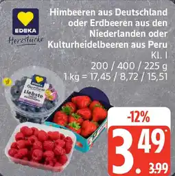 Edeka EDEKA Herzstücke Himbeeren aus Deutschland oder Erdbeeren aus den Niederlanden oder Kulturheidelbeeren aus Peru Angebot
