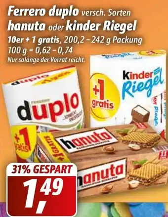 Simmel Ferrero Duplo, Hanuta oder Kinder Riegel 200,2-242g Angebot