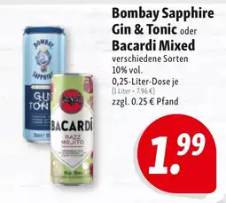 Nah & Frisch Bombay Sapphire Gin & Tonic oder Bacardi Mixed Angebot