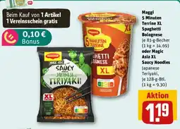 REWE Maggi 5 Minuten Terrine XL Spaghetti Bolognese oder Magic Asia XL Saucy Noodles Angebot