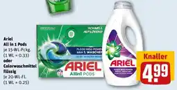 REWE Ariel All in 1 Pods oder Colorwaschmittel flüssig Angebot