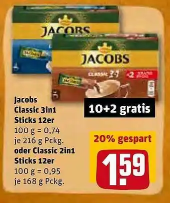 REWE Jacobs Classic 3in1 Sticks 12er Oder Classic 2in1 Angebot