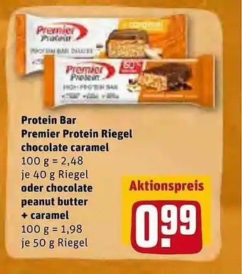 REWE Protein Bar Premier Protein Riegel Chocolate Caramel Oder Chocolate Peanut Butter + Caramel Angebot