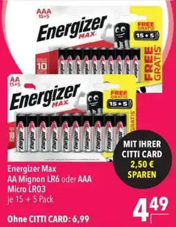 CITTI Markt Energizer Max AA Mignon LR6 oder AAA Micro LR03 Angebot