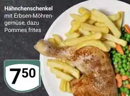 Globus Hähnchenschenkel mit Erbsen-Möhren-gemüse, dazu Pommes frites Angebot