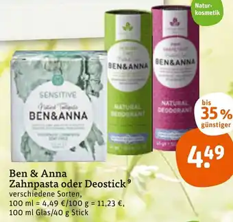 tegut Ben & Anna Zahnpasta oder Deostick Angebot