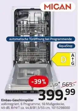 ROLLER Mican Einbau-Geschirrspüler Angebot