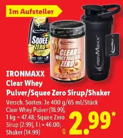 Lidl IRONMAXX Clear Whey Pulver/Squee Zero Sirup/Shaker Angebot