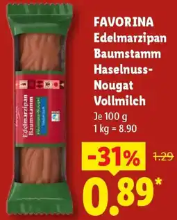Lidl FAVORINA Edelmarzipan Baumstamm Haselnuss Nougat Vollmilch Angebot