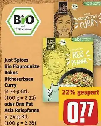 REWE Just Spices Bio Fixprodukte Kokos Kichererbsen Curry Oder One Pot Asia Reispfanne Angebot