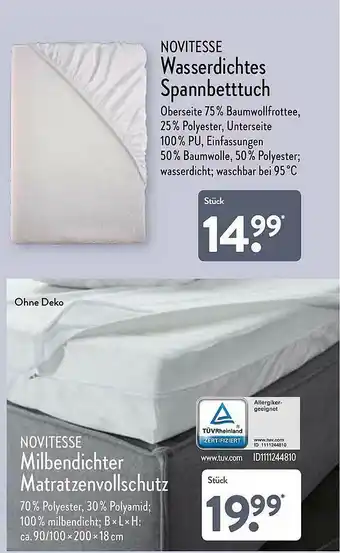 Aldi Nord Novitesse Wasserdichtes Spannbetttuch Novitesse Milbendichter Matratzenvollschutz Angebot