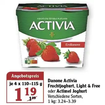 Globus Danone Activia Fruchtjoghurt, Light & Free oder Actimel Joghurt 4*110/115 g Angebot