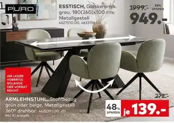 PURO ESSTISCH, Glaskeramik grau, 180(260)x100 cm, Metallgestell