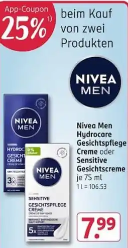 Rossmann NIVEA MEN Hydrocare Gesichtspflege Creme oder Sensitive Gesichtscreme Angebot