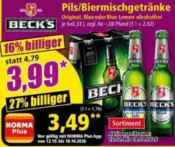 Norma Beck's Pils/Biermischgetränke Angebot