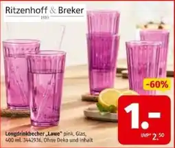 Segmüller Ritzenhoff & Breker Longdrinkbecher „Lawe“ pink, Glas Angebot