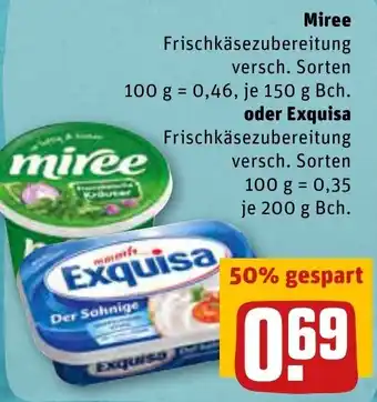 REWE Kaufpark Miree Frischkäsezubereitung 150g Becher oder Exquisa 200g Angebot