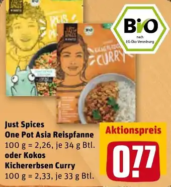 REWE Kaufpark Just Spices One Pot Asia Reispfanne 34g Btl. oder Kokos Kichererbsen Curry 33g Btl. Angebot