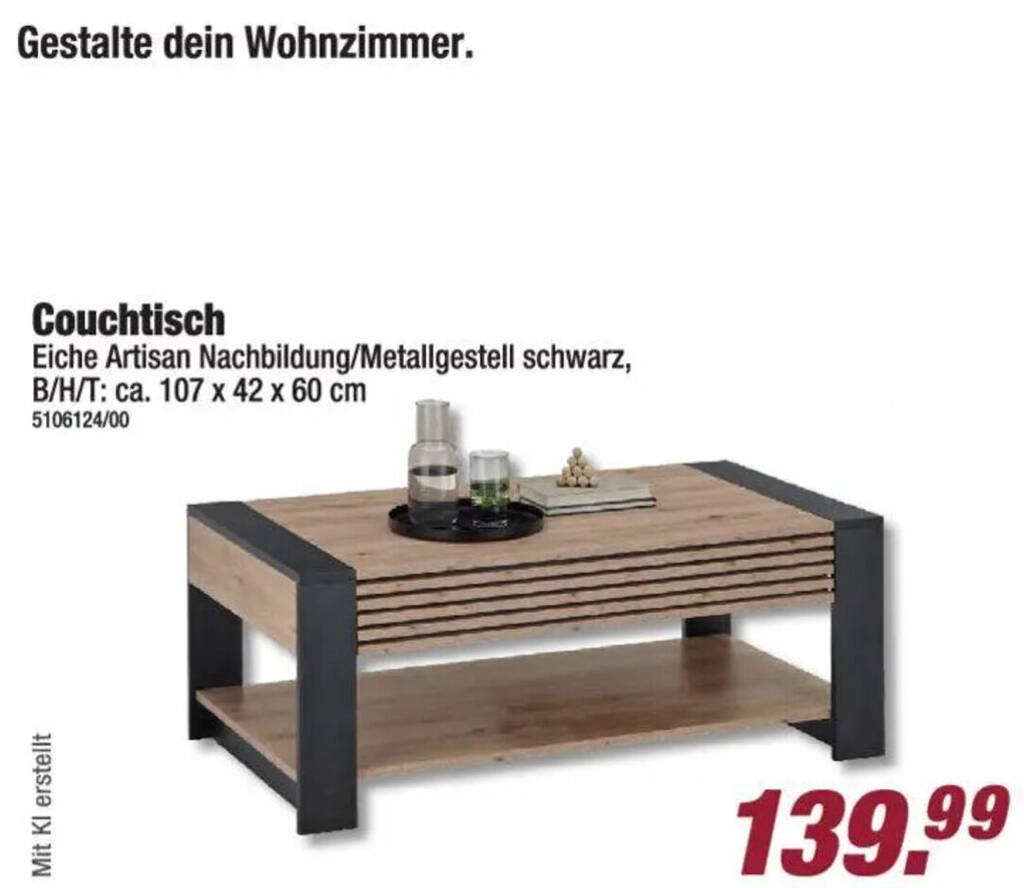 Couchtisch Eiche Artisan Nachbildung/Metallgestell schwarz Angebot bei Poco
