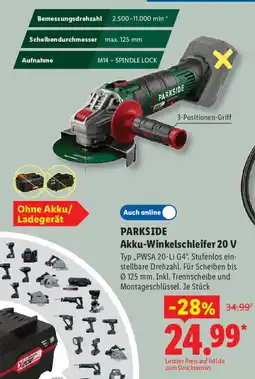Lidl PARKSIDE Akku-Winkelschleifer 20 V Angebot