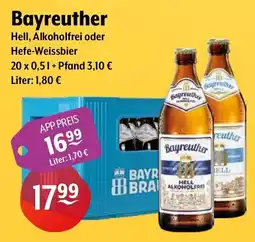 Getränke Hoffmann Bayreuther Hell, Alkoholfrei oder Hefe-Weissbier Angebot