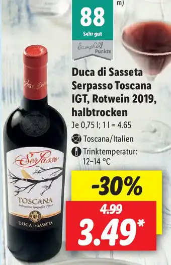 Lidl Duca di Sasseta Serpasso Toscana IGT, Rotwein 2019, halbtrocken 0,75L Angebot