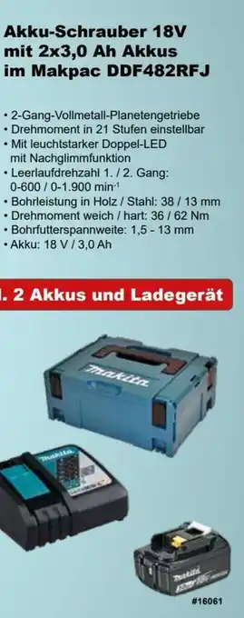 Stabilo Fachmarkt Makita Akku Schrauber 18V mit 2x3,0 Ah Akkus im Makpac DDF482RFJ Angebot