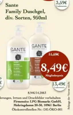 LPG Biomarkt Sante Family Duschgel Angebot
