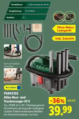 Lidl PARKSIDE Akku-Nass- und Trockensauger 20 V Angebot