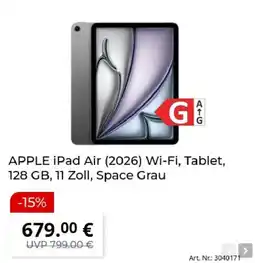 MediaMarkt APPLE iPad Air (2026) Wi-Fi, Tablet, 128 GB, 11 Zoll, Space Grau Angebot