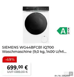 MediaMarkt SIEMENS WG44BFCB1 iQ700 Waschmaschine Angebot