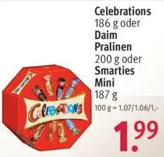 Rossmann Celebrations 186g oder Daim Pralinen 200g oder Smarties Mini 187g Angebot