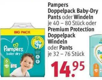 Rossmann Pampers Doppelpack Baby Dry Pants oder Windeln 40-80 Stück oder Premium Protection Doppelpack Windeln oder Pants 32-76 Stück Angebot