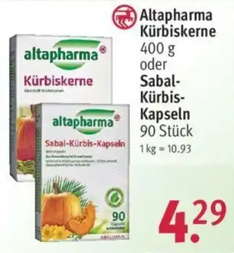 Rossmann Altapharma Kürbiskerne 400g oder Sabal Kürbis Kapseln 90 Stück Angebot