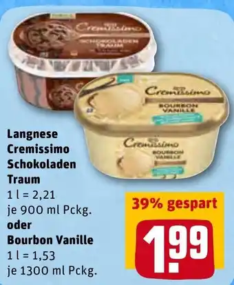 REWE Langnese Cremissimo Schokoladen Traum 900ml o. Bourbon Vanille 1.3L Angebot