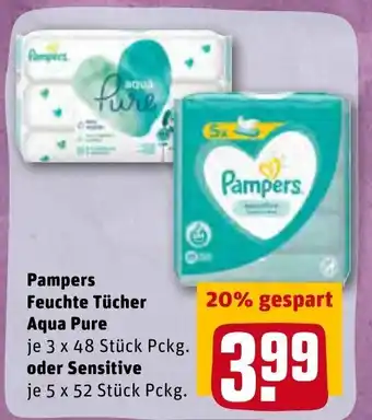 REWE Pampers Feuchte Tucher Aqua Pure 3*48st o. Sensitive 5*52st Angebot