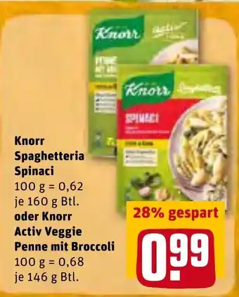 REWE Knorr Spaghetteria Spinaci 160g o. Knorr Aktiv Veggie Penne mit Broccoli 146g Angebot