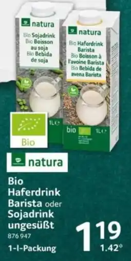 Selgros natura Bio Haferdrink Barista oder Sojadrink ungesüßt Angebot