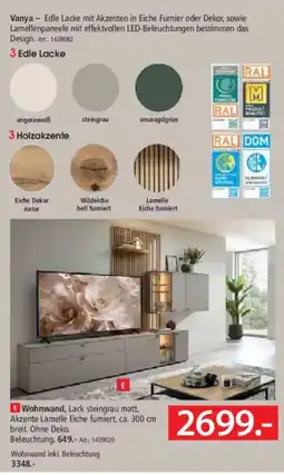 Zurbrüggen Wohnwand, Lack steingrau matt, Akzente Lamelle Eiche furniert Angebot