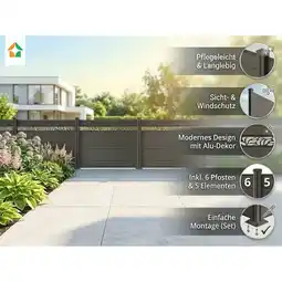 Netto Marken-Discount WPC-Sichtschutzzaun Valla – 5 Elemente mit 6 Pfosten – 130 cm Höhe mit Dekorelement – Grau Angebot