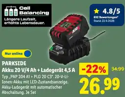Lidl PARKSIDE Akku 20 V/4 Ah + Ladegerät 4,5 A Angebot