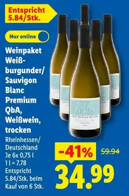Lidl Weinpaket Weißburgunder/ Sauvigon Blanc Premium QbA, Weißwein, trocken Angebot