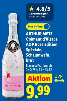 Lidl ARTHUR METZ Crémant d'Alsace AOP Rosé Edition Spéciale, Schaumwein, brut Angebot